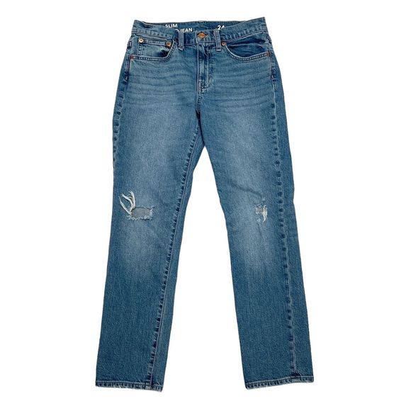 J Crew Slim Boyfriend Jeans Size 24 Stretch Denim Distressed Medium Mid‎ Rise - Picture 1 of 11